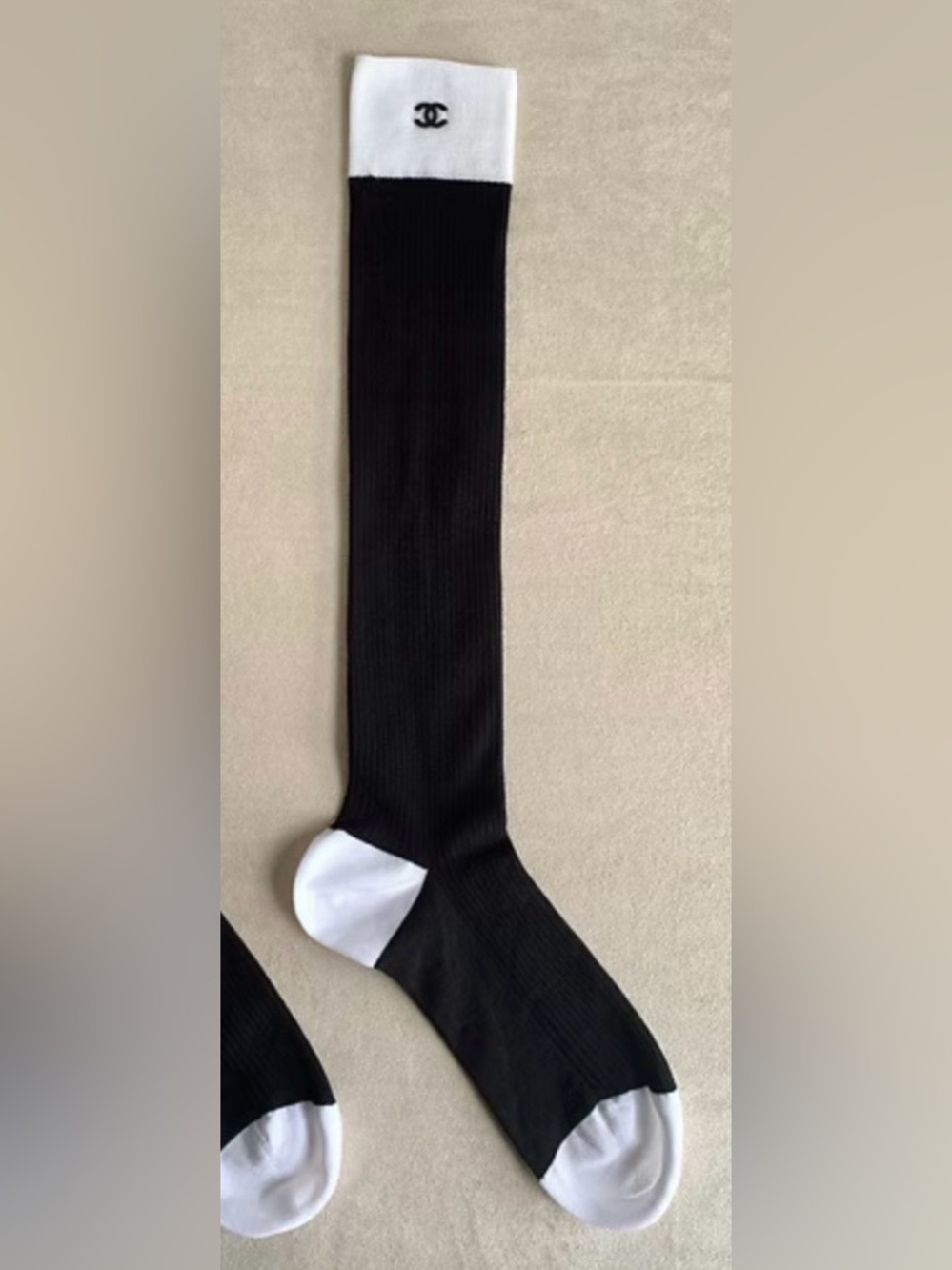 Double C Black and White Knee-High Socks with Logo Cuff